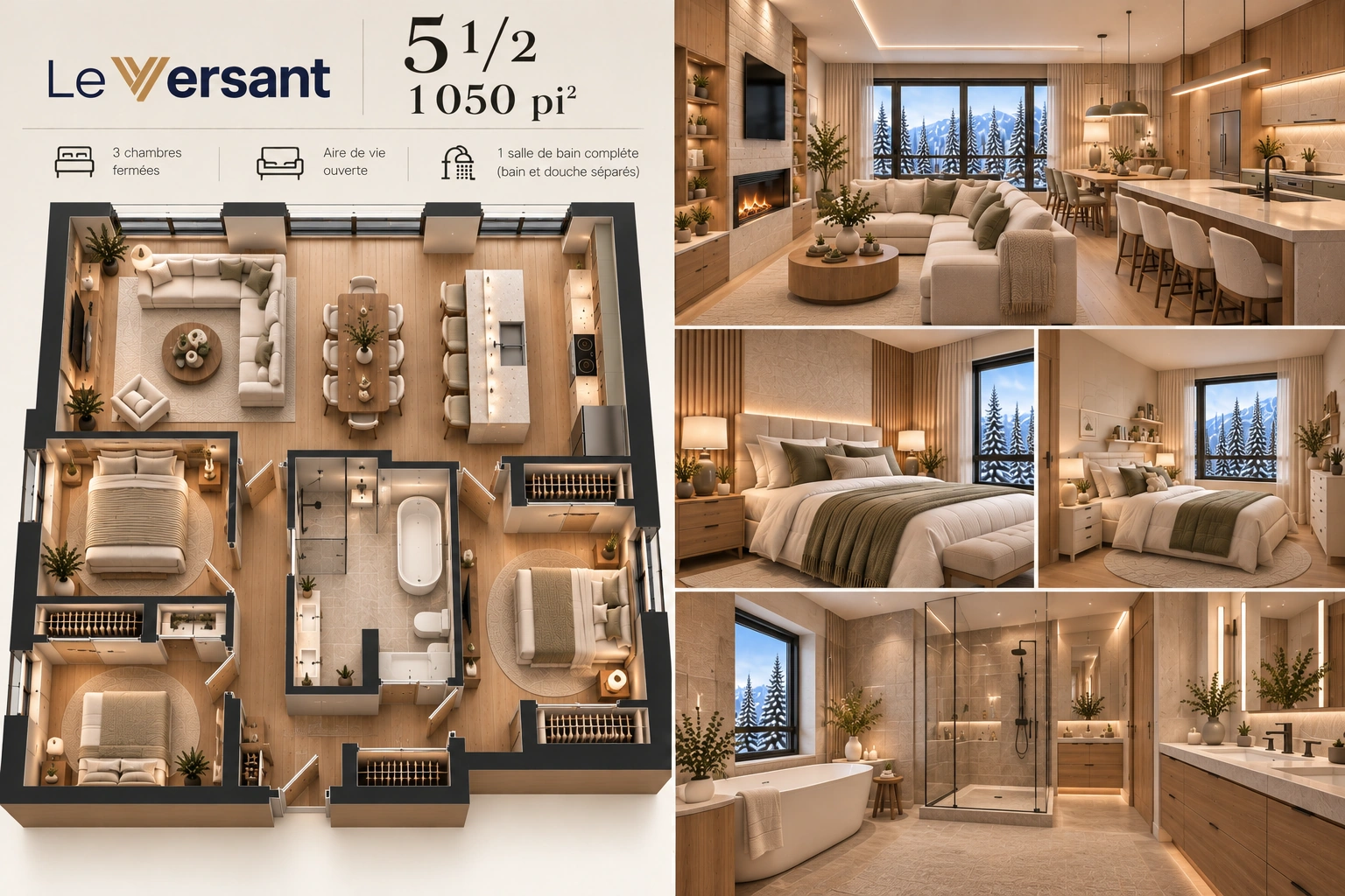Présentation 5½ : plan et perspectives intérieures conceptuelles