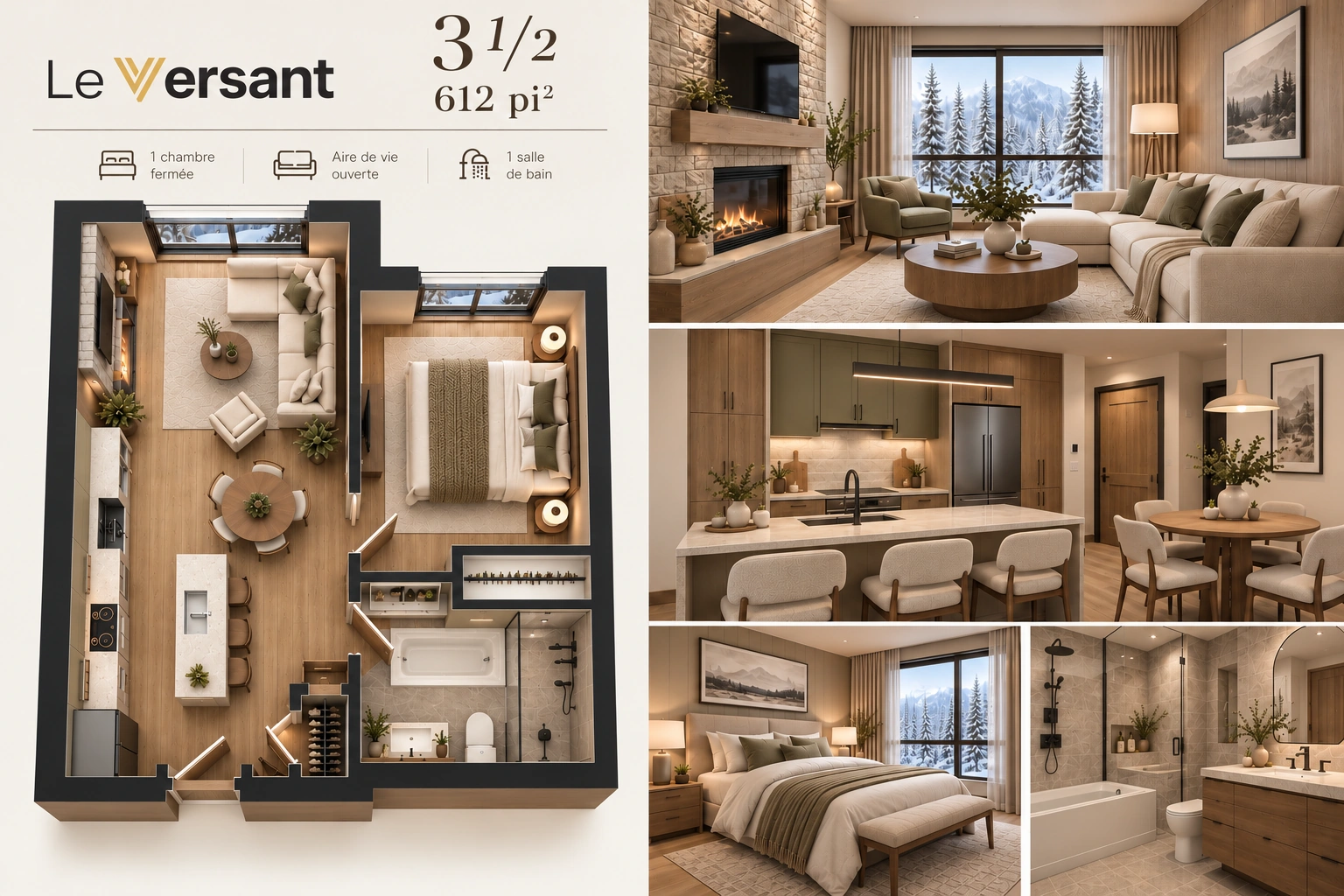 Présentation 3½ : plan et perspectives intérieures conceptuelles