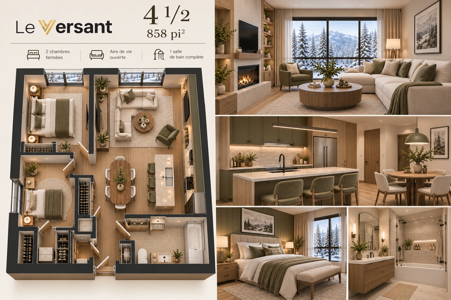 Présentation 4½ : plan et perspectives intérieures conceptuelles